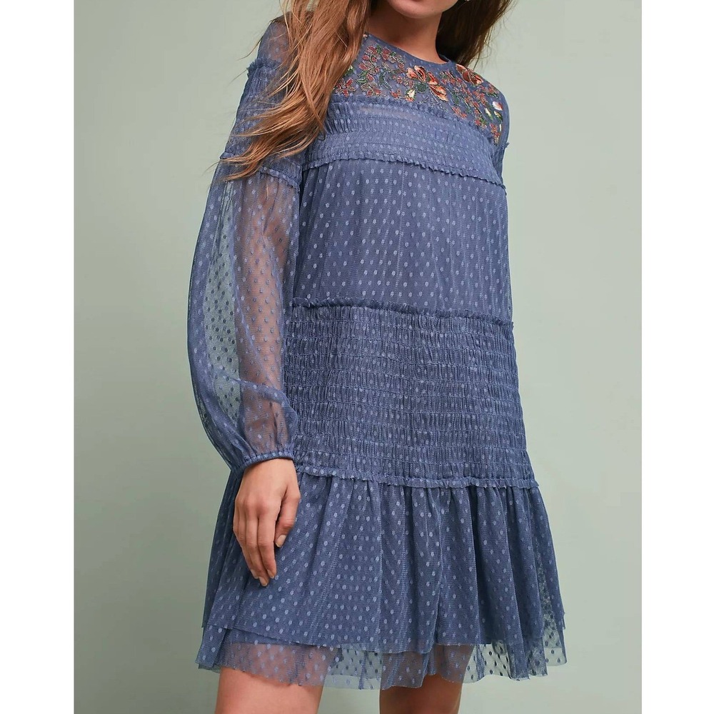 Maeve Anthropologie Sarama Tunic Dress‎ Sky Ciel Embroidered Mesh Mini XXS NWT